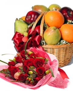 6 items Fresh Fruit Basket w/ 12 red roses