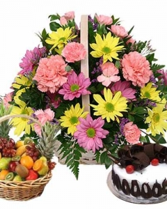 flower basket, cake & fruits